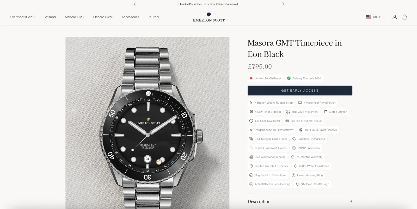Emerton Scott Masora GMT product page showing a direct launch strategy with early access, limited production, pricing, delivery timing, and product details.