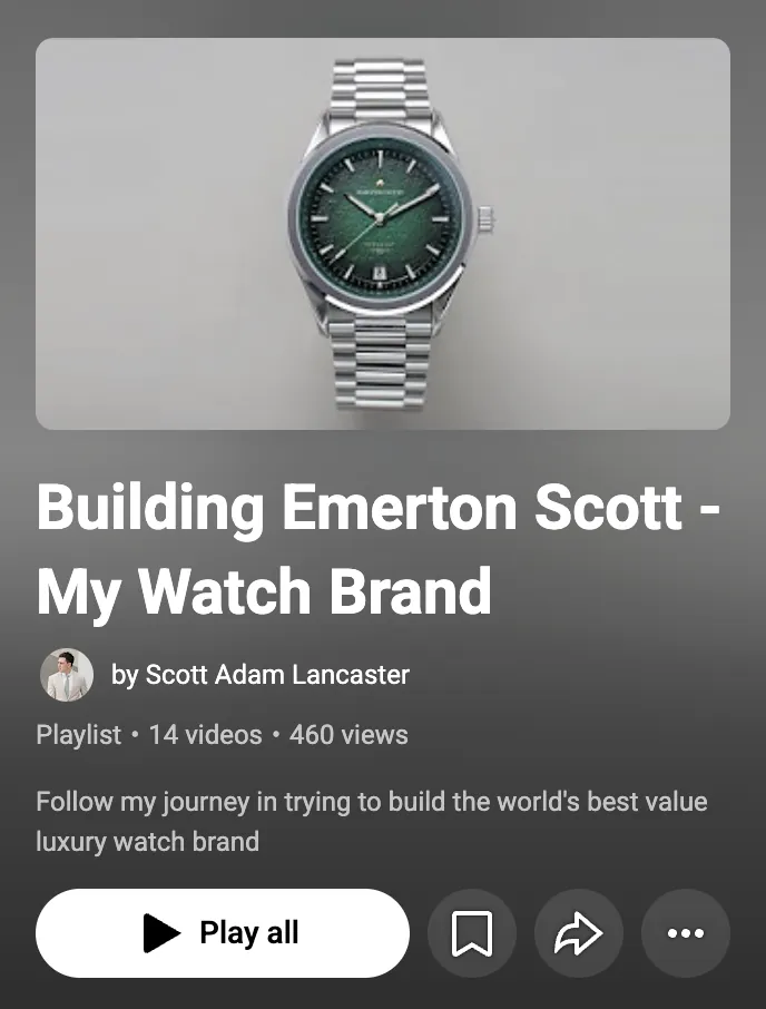 Emerton Scott YouTube channel showing behind-the-scenes content documenting the process of building a microbrand watch.