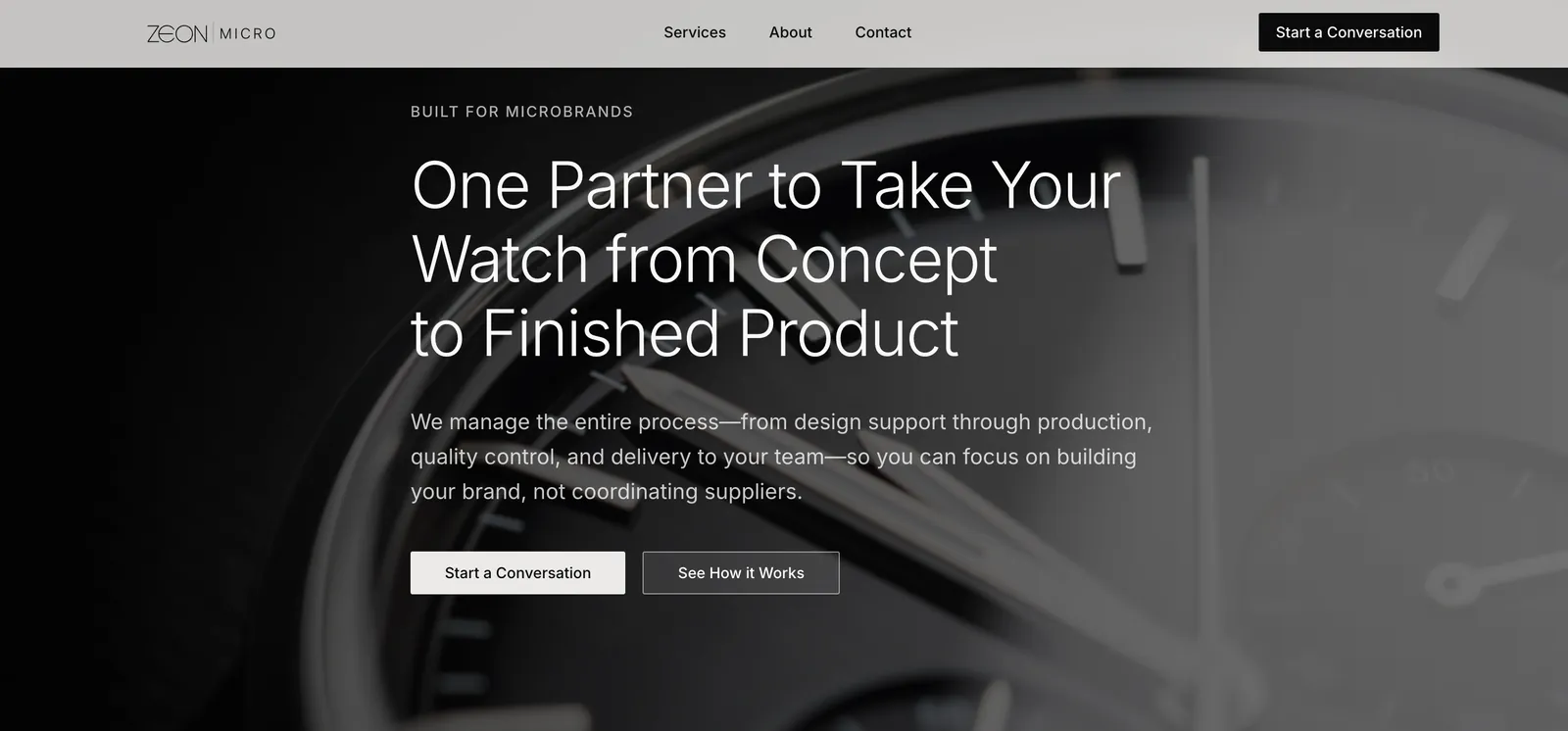 Zeon Micro website hero section describing one partner to take a microbrand watch from concept to finished product.