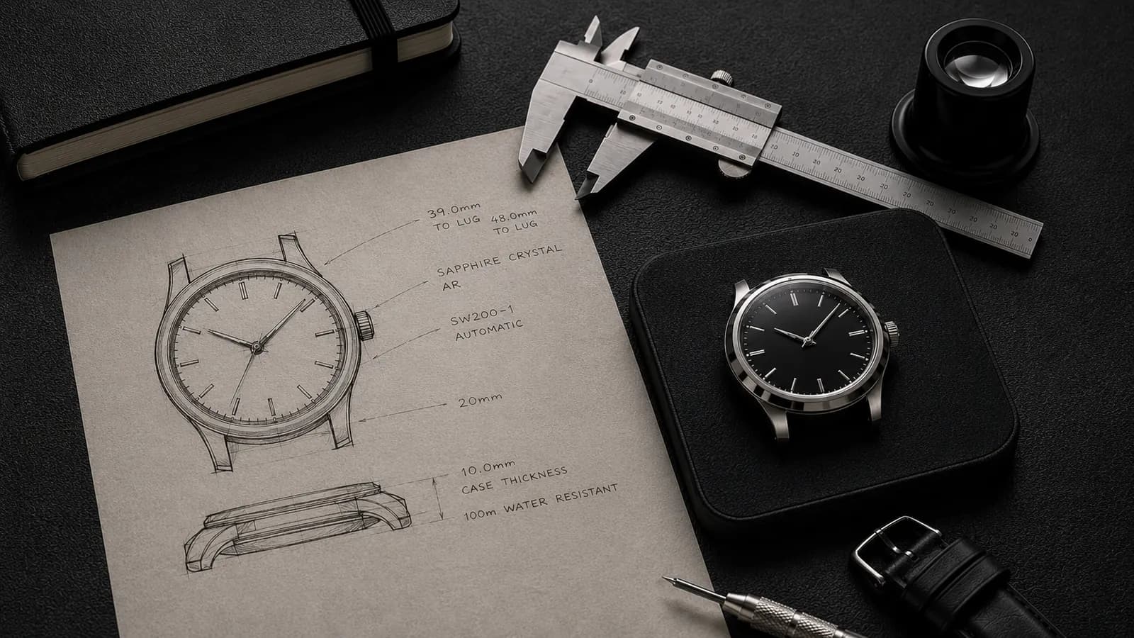 A watch designer's desk with a partially assembled watch, technical sketches, a loupe, and precision tools on a dark surface.